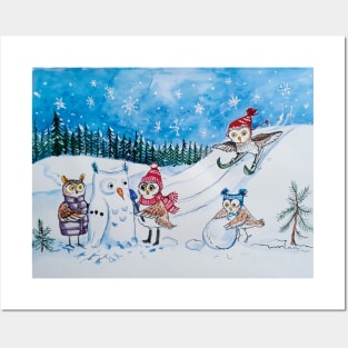 Owls playing in snow Posters and Art